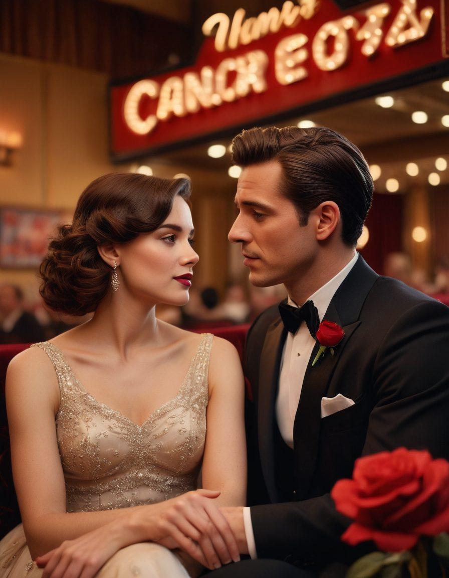 A visually stunning representation of a vintage cinema marquee with glowing lights, featuring enticing silhouettes of diverse couples, and scattered film reels and roses around. The background is a soft-focus of an intimate theater setting with plush seating. The scene embodies an atmosphere of allure and sophistication, inviting viewers to dive into the world of adult cinema. vibrant colors. cinematic style. 3D.